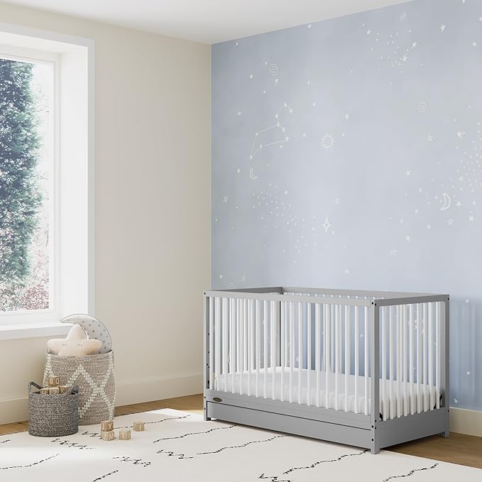 Graco Teddi 5-in-1 Convertible Crib with Drawer (Pebble Gray with White) – GREENGUARD Gold Certified, Crib with Drawer Combo, Full-Size Nursery Storage Drawer, Converts to Toddler Bed