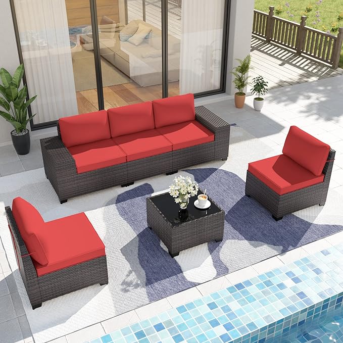 Patio Furniture Set Sofa 6-Piece Wicker PE Rattan Sectional Sofa Set, Outdoor Furniture Patio Conversation Set with Glass Coffee Table and Cushions, Red