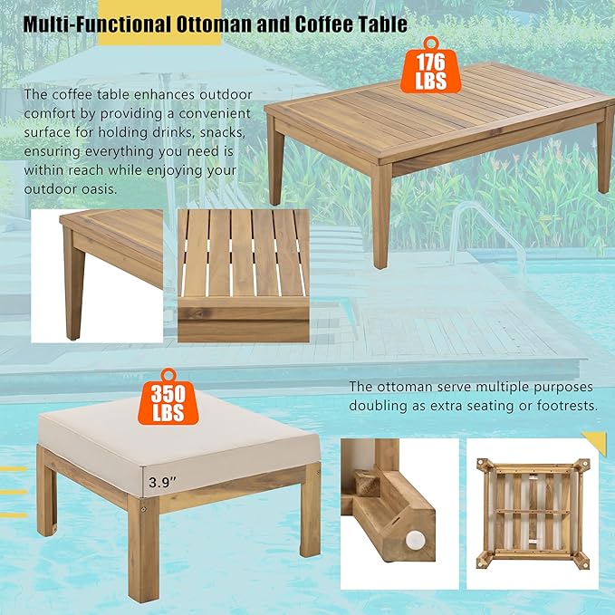 Merax 6-Piece Outdoor Sectional Conversation Sofa Seat Cushions Acacia Wood Frame Furniture Sets with Coffee Table and Ottoman for Garden Backyard Patio and Poolside, Beige