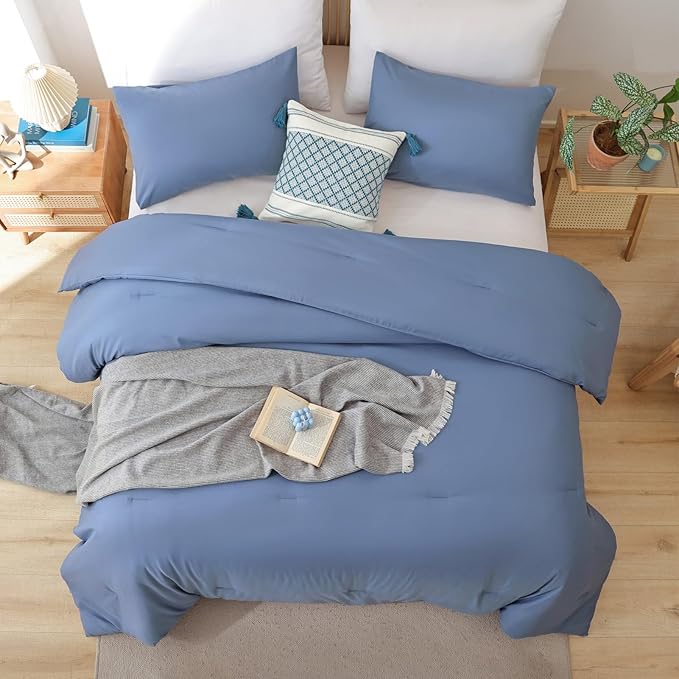ROSGONIA King Size Comforter Set Slate Blue, 3pcs(1 Boho Comforter & 2 Pillowcases) Soft Lightweight Bedding Blanket All Season Bedspreads Quilt