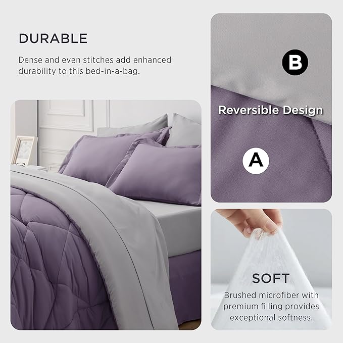 Bedsure Grayish Purple Twin Comforter Set - 5 Pieces Reversible Twin Bed in a Bag, Extra Long Twin Bed Set Grayish Purple and Grey with Comforters, Sheets, Pillowcase & Sham