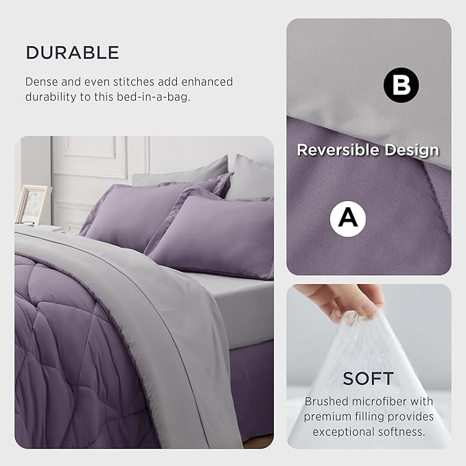 Bedsure Grayish Purple Full Size Comforter Set - 7 Pieces Reversible Full Bed in a Bag, Full Bed Set Grayish Purple and Grey with Comforters, Sheets, Pillowcases & Shams