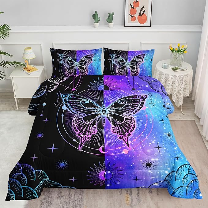 Datura home Black Blue Butterfly Comforter Set for Girls Women,Boho Butterfly Sun and Moon Mandala Printed Bedding Set with 2 Pillowcases(Black Blue Queen)