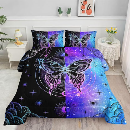 Datura home Black Blue Butterfly Comforter Set for Girls Women,Boho Butterfly Sun and Moon Mandala Printed Bedding Set with 2 Pillowcases(Black Blue Queen)
