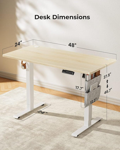 Standing Desk Adjustable Height, Electric Standing Desk with Starage Bag, Stand up Desk for Home Office Computer Desk Memory Preset with Headphone Hook, 48x24 Inch, Maple