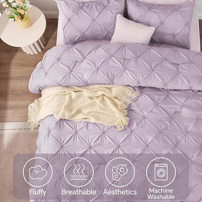 BEDELITE Light Purple King Size Comforter Set - 3 Pieces Boho Pintuck Bedding Comforter Sets, Lightweight Soft & Warm King Bedding Set with 2 Pillowcases for All Season