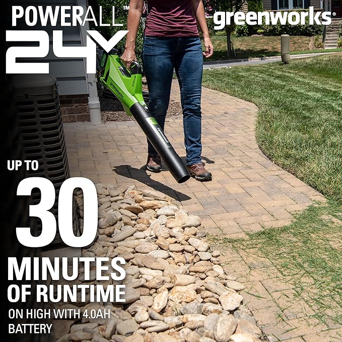 Greenworks 24V (110 MPH / 450 CFM / 125+ Compatible Tools) Cordless Brushless Axial Leaf Blower, 4.0Ah Battery and Charger Included