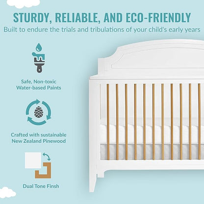 JPMA & Greenguard Gold Certified Milton 5-in-1 Convertible Crib Made with Sustainable New Zealand Pinewood in White and Natural, Non-Toxic Finish