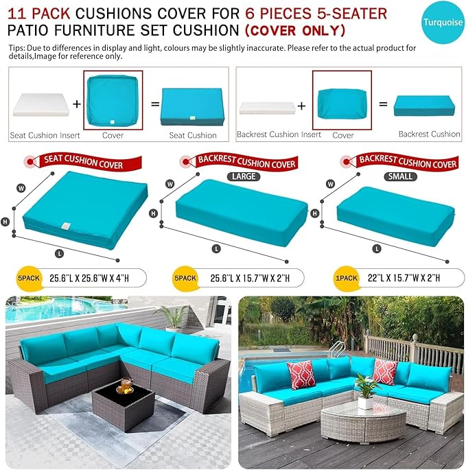 ClawsCover 11Pack Outdoor Seat and Back Cushions Replacement Covers Fit for 5-Seater 6Pieces Wicker Rattan Patio Furniture Conversation Set Sectional Couch Chairs,Turquoise-Included Cover Only