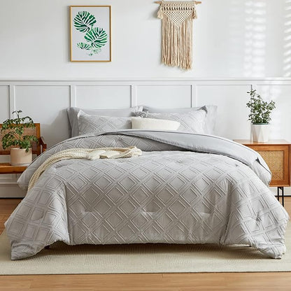 7 Pieces Tufted Bed in a Bag King Comforter Set with Sheets Light Grey, Soft and Embroidery Shabby Chic Boho Bohemian, Solid Color with Diamond Pattern, Jacquard Tufts Bedding Set for All Season