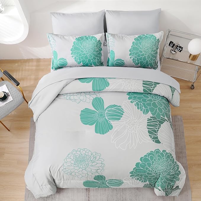 Yiran Grey Aqua Floral Queen Comforter Set Bed in a Bag Soft Microfiber Comforter Bedding Set 90"×90",7 Pieces (1 Comforter,2 Pillowcases,2 Pillow Shams,1 Flat Sheet,1 Fitted Sheet)