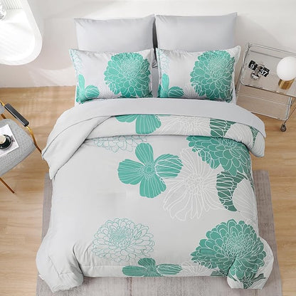 Yiran Grey Aqua Floral Queen Comforter Set Bed in a Bag Soft Microfiber Comforter Bedding Set 90"×90",7 Pieces (1 Comforter,2 Pillowcases,2 Pillow Shams,1 Flat Sheet,1 Fitted Sheet)