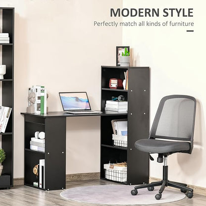 HOMCOM Modern Home Office Desk with 6-Tier Storage Shelves, 47" Writing Table with Bookshelf, Black