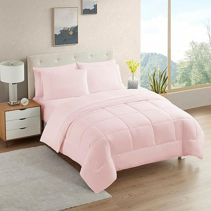 Dorm Room Essentials College Bedding Comforter Set 7 Piece Full Size Bed in a Bag for College Students Boys and Girls, Full, Pale Pink
