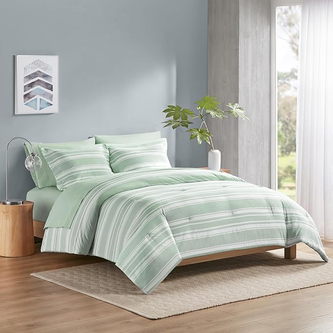 Codi Queen Comforter Set 7 Piece, Sage Green White Striped Bed in a Bag Reversible, Cationic Dyeing Shabby Chic Bedding Sets with Comforter, Sheets, Pillowcases & Shams