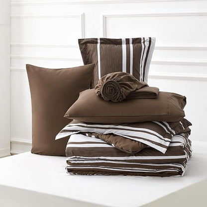 Bedsure Bed in a Bag Twin Size 5-Piece Brown White Striped Bedding Comforter Sets All Season Bed Set with 1 Pillow Sham, Flat Sheet, Fitted Sheet and 1 Pillowcase