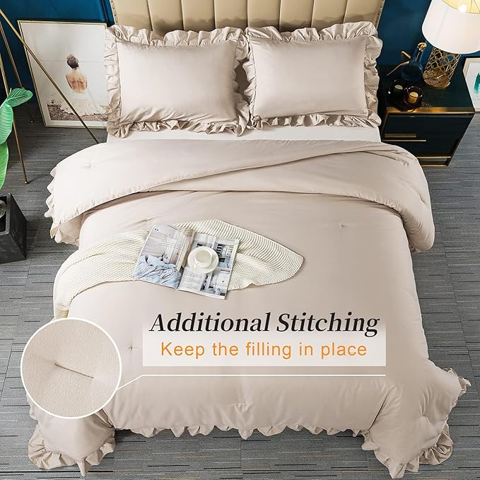Andency California King Comforter Set Khaki (104x96Inch), 3 Pieces Cal King Ruffle Comforter, Oversized Farmhouse Shabby Chic Bed Comforter, Lighteweight and Soft Microfiber Bedding Set