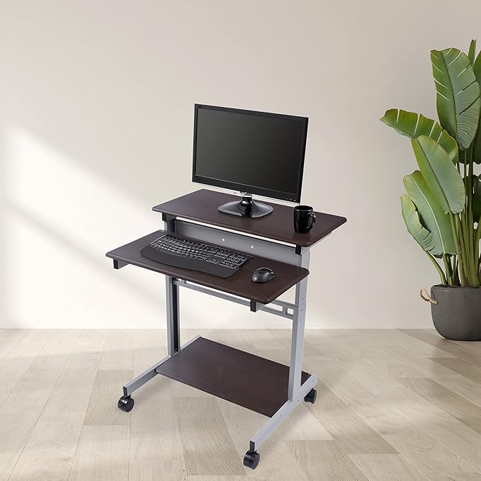 Stand Up Desk Store Rolling Adjustable Height Two Tier Standing Desk Computer Workstation (Silver Frame/Dark Walnut Top, 32" Wide)