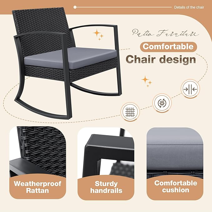 Greesum 3 Pieces Outdoor Furniture Set Patio Bistro Rocking Chairs with Glass Coffee Table for Pool Beach Backyard Balcony Porch Deck Garden, Gray