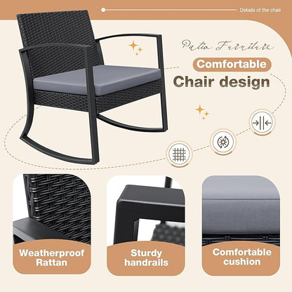 Greesum 3 Pieces Outdoor Furniture Set Patio Bistro Rocking Chairs with Glass Coffee Table for Pool Beach Backyard Balcony Porch Deck Garden, Gray