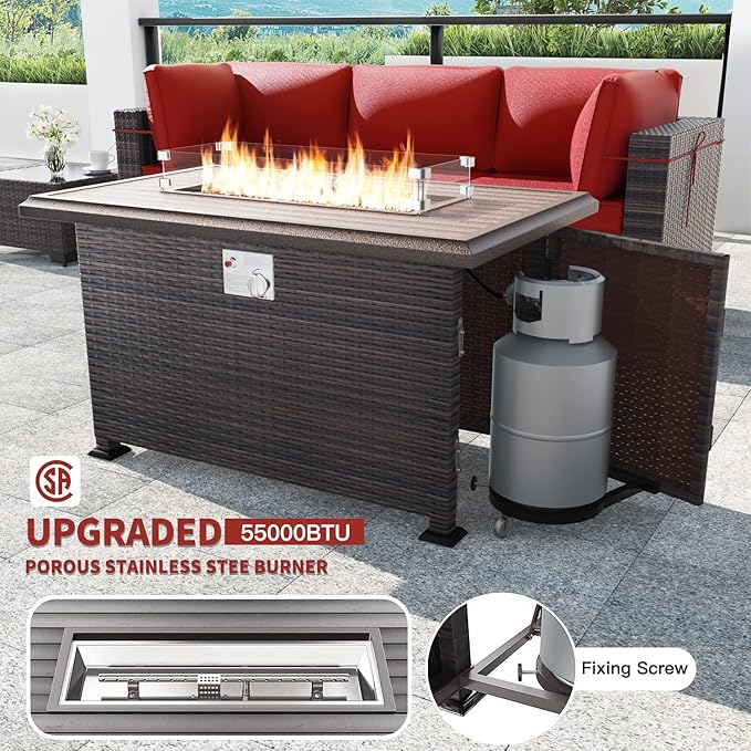 Kullavik 10 Pieces Outdoor Patio Furniture Set with 43" Gas Propane Fire Pit Table PE Wicker Rattan Sectional Sofa Patio Conversation Sets,Red