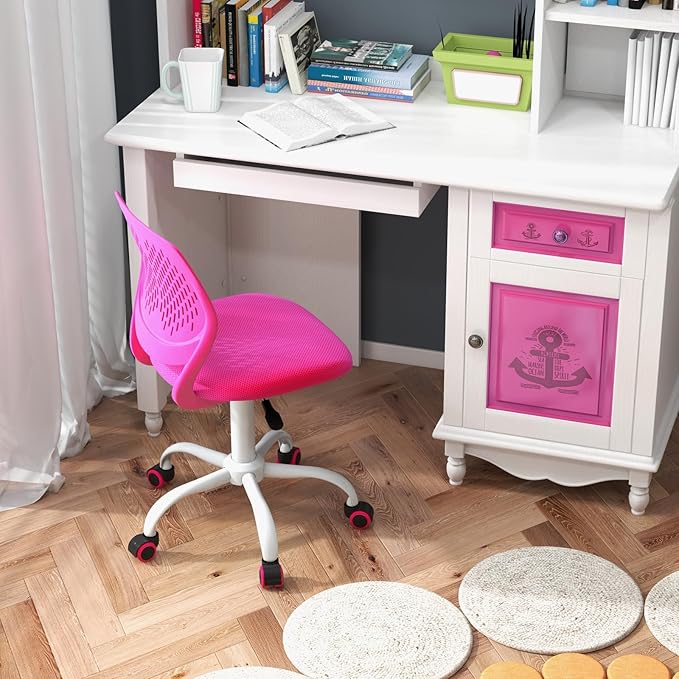 Kids Desk Chair, Blue Ergonomic Kids Office Chair Ages8-12 w/Lumbar Support, Low-Back Teen Desk Chair for Girls Boys, Small Cute Kids Computer Chair for Bedroom/Study/Vanity Desk (Rose Red)