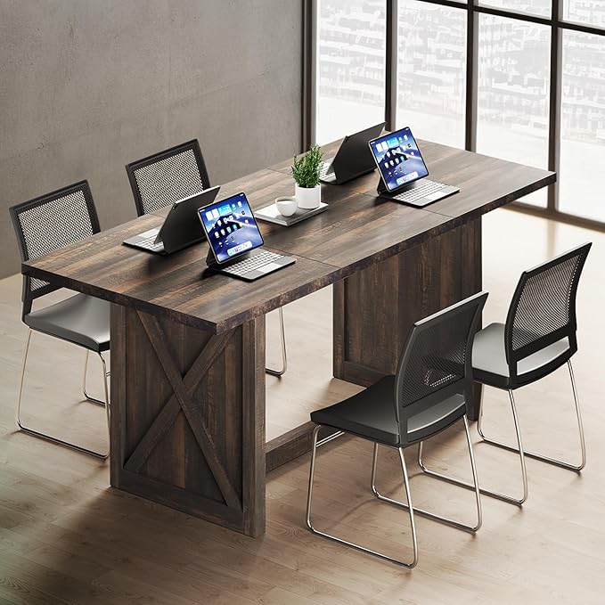 YITAHOME 6FT Conference Table Executive Desk, 70.8’’ Large Meeting Seminar Table for Office with Thicken Wood Frame, Farmhouse Rectangular Computer Desk for Home Business, Rustic Oak