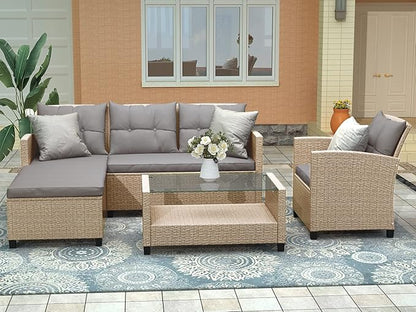 Outdoor Patio Furniture Sets, 4 Piece Rattan Conversation Sofa Wicker Sectional Couch with Chaise Lounge, Single Sofachair, Seat Cushions and Glass Table, for Garden Backyard Deck, Gray