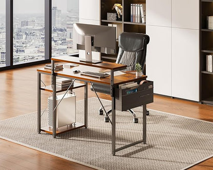 AODK 40 Inch Computer Desk with Adjustable Monitor Stand, Work Writing Desk with Shelves, PC Desk Workstation, Vintage Home Office Desk