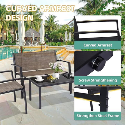 4 Pieces Patio Furniture Set Outdoor Garden Patio Conversation Sets Poolside Lawn Chairs with Tempered Glass Coffee Table Loveseat Porch Furniture Textilene Fabric Yellow