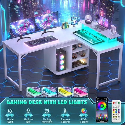 Cyclysio L Shaped Gaming Desk with Wood Cabinet, 58" Large Corner Desk with LED Lights & Power Outlet, Reversible Computer Desk with Monitor Stand, Home Office Desk 2 Person Corner Desk, White