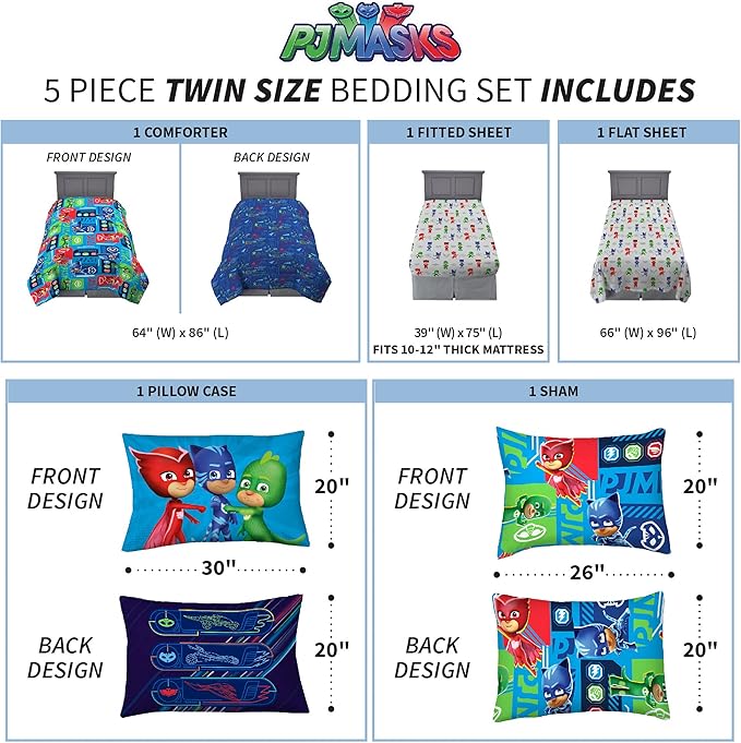 Franco Kids Bedding Super Soft Comforter and Sheet Set with Sham, 5 Piece Twin Size, PJ Masks