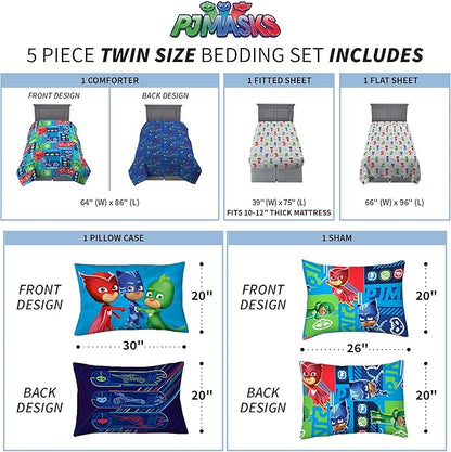 Franco Kids Bedding Super Soft Comforter and Sheet Set with Sham, 5 Piece Twin Size, PJ Masks