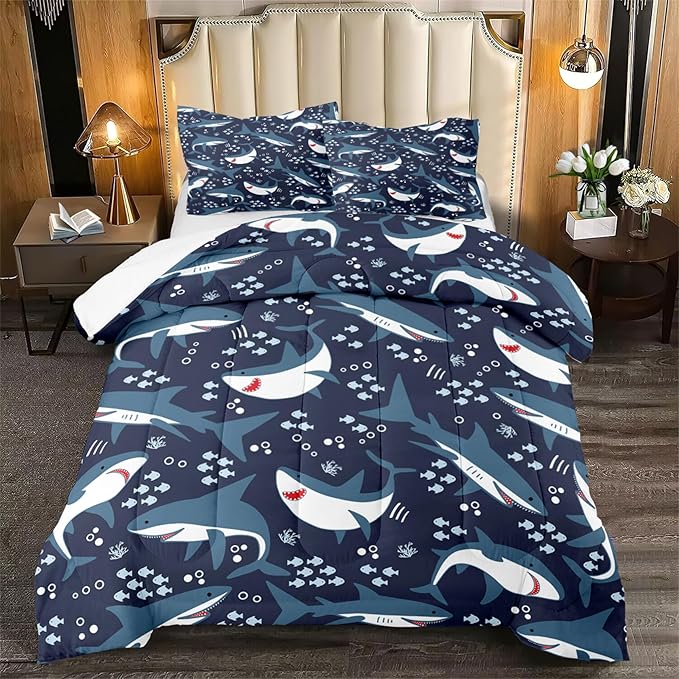 Shark Comforter Set for Bedroom - 3Pcs Boys Shark Bedding Set for Bedroom Cute Cartoon Shark Comforter Set for Kids Sea Animals Theme Boys Room Decor with 1 Comforter + 2 Pillowcases, Queen Size