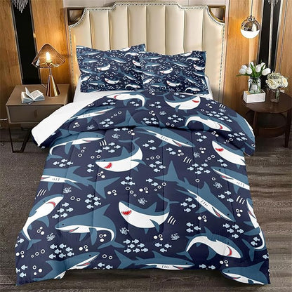 Shark Comforter Set for Bedroom - 3Pcs Boys Shark Bedding Set for Bedroom Cute Cartoon Shark Comforter Set for Kids Sea Animals Theme Boys Room Decor with 1 Comforter + 2 Pillowcases, Queen Size