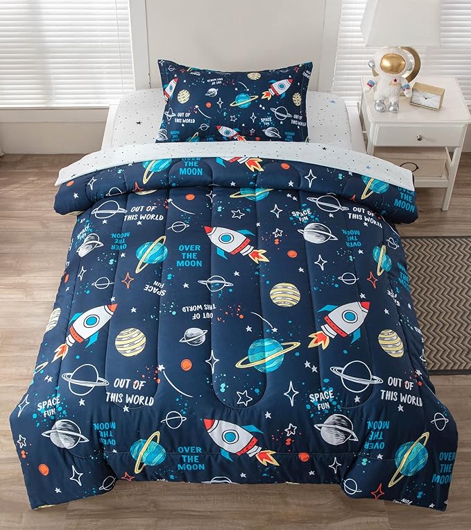 Planet Twin Comforter Set for Boys Girls 4-Piece Rocket Kids Bedding Sets Galaxy Space Stars Bedroom Decor - Include Reversible Comforter, Flat Sheet, Fitted Sheet and Pillowcase
