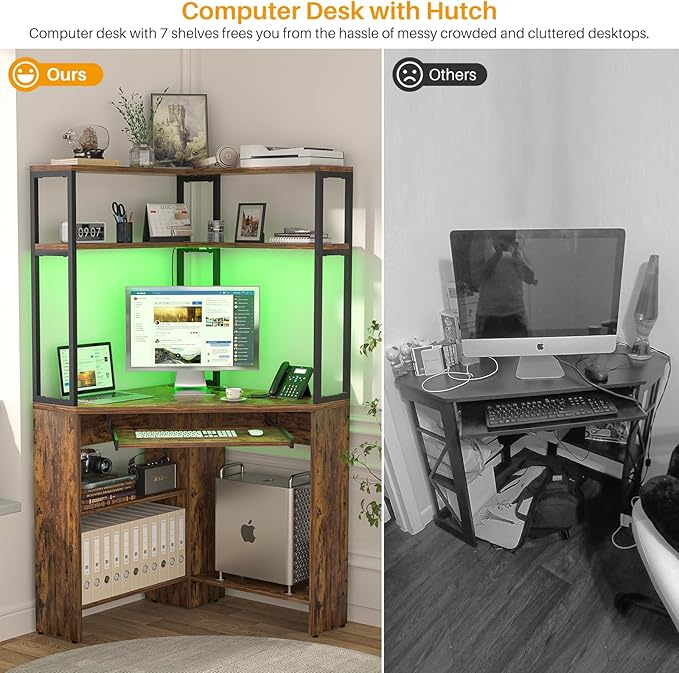 Cyclysio Small Corner Desk with Hutch, Heavy Duty Corner Computer Desk with Power Outlets & LED Light, Triangle Corner Gaming Desk with Keyboard Tray for Home Office, Small Space, Workstation Brown
