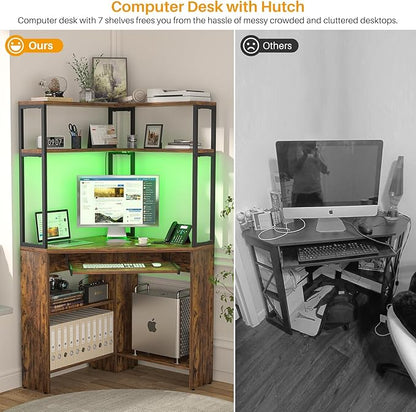Cyclysio Small Corner Desk with Hutch, Heavy Duty Corner Computer Desk with Power Outlets & LED Light, Triangle Corner Gaming Desk with Keyboard Tray for Home Office, Small Space, Workstation Brown
