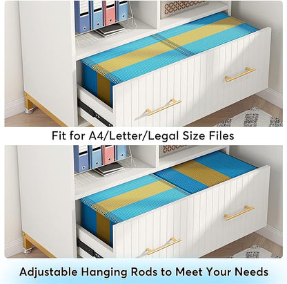White Lateral File Cabinet with Drawer, 35.4" Modern Filing Cabinet with Adjustable Hanging Rod for Legal/Letter/A4 Size Files, Wood Printer Stand with Open Storage Spaces for Home Office