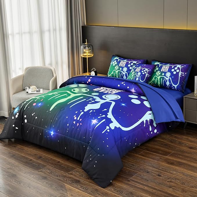 DORCAS Gamer Comforter Set with Sheets for Boys,Twin Size Gamer Bedding Set Boys,6 Pieces Graffiti Green Gaming Comforter Set for Boys Kids Teens(Green&Blue, Twin)