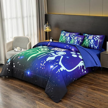 DORCAS Gamer Comforter Set with Sheets for Boys,Twin Size Gamer Bedding Set Boys,6 Pieces Graffiti Green Gaming Comforter Set for Boys Kids Teens(Green&Blue, Twin)