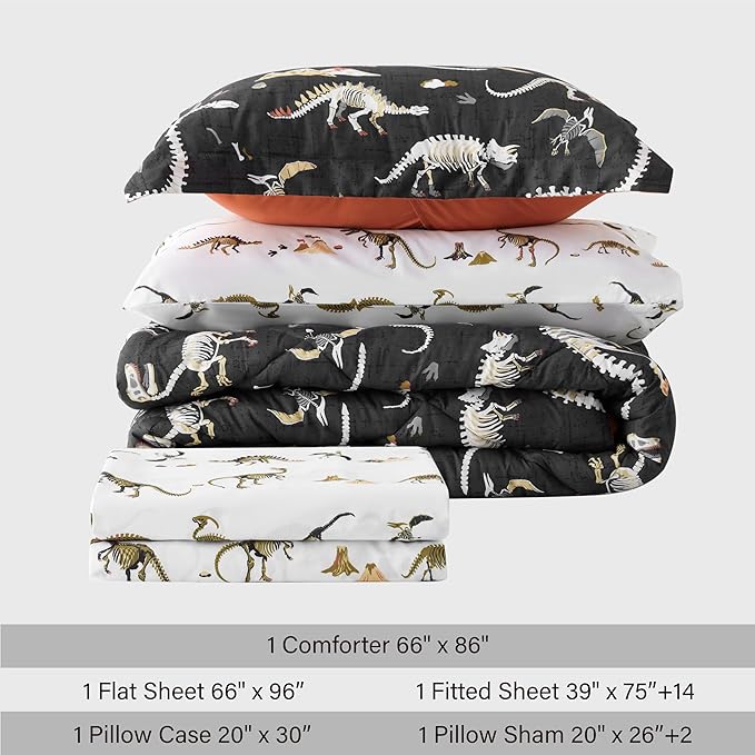 Dinosaur Twin Comforter for Boys,5 Pieces Kids Bedroom Bedding Set with Sheets and Pillowcase,Super Soft Lightweight for All Seasons,Grey,Machine Washable