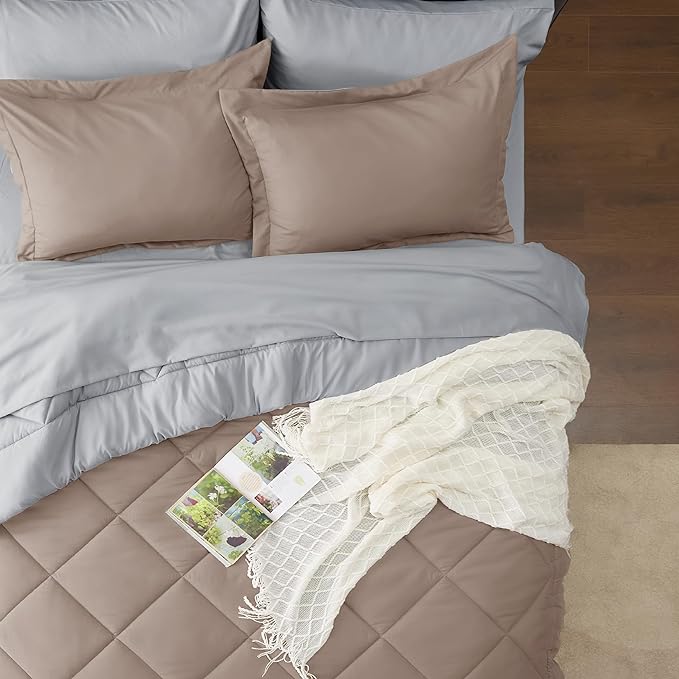 Bedsure Taupe King Size Comforter Set - 7 Pieces Reversible King Bed in a Bag King Bed Set with Comforters, Sheets, Pillowcases & Shams, King Bedding Sets