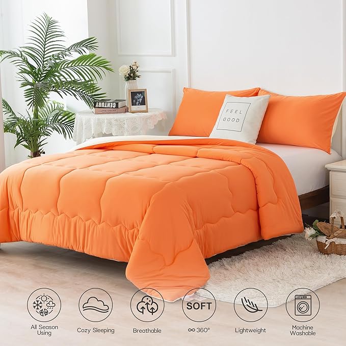 COTTEBED Reversible Ultra-Soft Bright Orange Beige Twin Comforter Set for Girl Boy Kid Dorm, Jersey Knit T-Shirt Feel Cute Lightweight Cozy Comfy Bedding Blanket Down Conforter All Season Twin/Twin XL