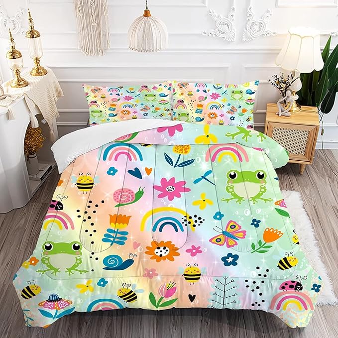 Rainbow Comforter Sets Full Size Cartoon Frogs Bedding Sets for Girls Kids Teens Boys Flowers Butterfly Bees Snails Insects Cute Kawaii Quilt 1 Comforter + 2 Pillow Cases