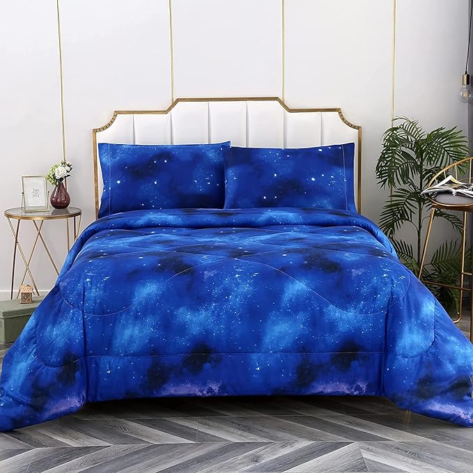3PCS Blue Galaxy Comforter Set Queen Size, Bed in a Bag Summer Quilt Queen Size, Lightweight and Fade Resistant, Cute Bed Set for Boys Girls Toddler Kids and Teens, Queen