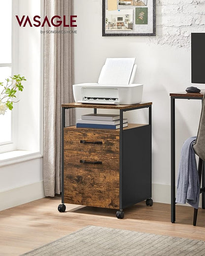 VASAGLE File Cabinet, Mobile Filing Cabinet with Wheels, 2 Drawers, Open Shelf, for A4, Letter Size, Hanging File Folders, Rustic Brown and Ink Black UOFC71X
