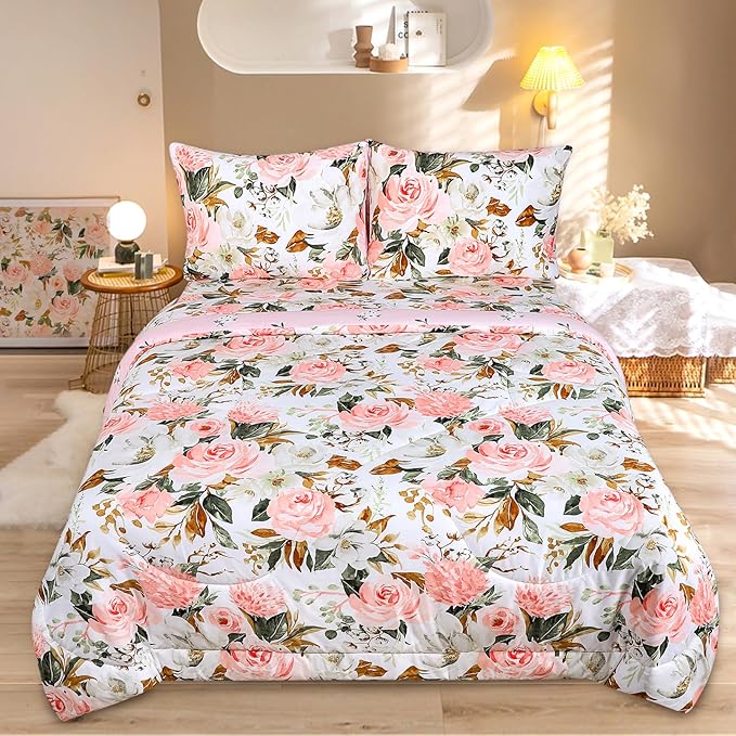 DILIMI Twin Comforter Set for Girls, Reversible Pink Floral Comforter Twin Size Bed, 5 Pieces Ultra Soft Twin Bedding Sets with Comforter, Flat Sheet, Fitted Sheet, 2 Pillowcase