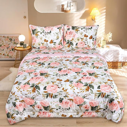 DILIMI Twin Comforter Set for Girls, Reversible Pink Floral Comforter Twin Size Bed, 5 Pieces Ultra Soft Twin Bedding Sets with Comforter, Flat Sheet, Fitted Sheet, 2 Pillowcase