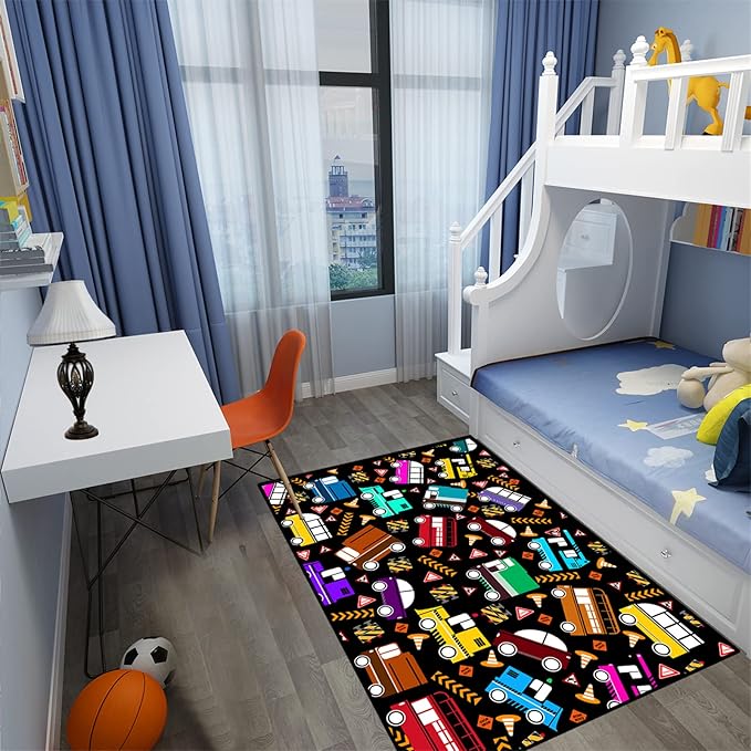 Car Rug Play Mat Kids Rugs for Playroom Car Rug for Boys Room Kids Mat Construction Play Mat Car Play Rug Car Carpet for Kids Carpet for Bedroom Truck Rugs for Boys Room,Black 3'×5'